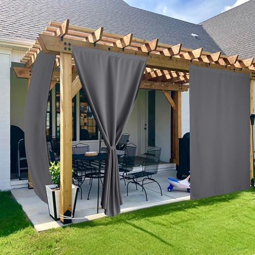 PONY DANCE Outdoor Vorhang Wetterfest H 243 x B 132 cm Ösenvorhang 2er Set Outdoor Gardinen mit Klettverschluss und Verdeckten Schlaufen für Terrasse Vorhänge Windschutz & Sonnenschutz, Grau