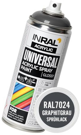 INRAL Pintura en aerosol – Gris grafito brillante RAL7024 Universal 400 ml Spray Spray para metal, plástico, madera y piedra – Pintura resistente a la lluvia y a los rayos UV para interiores y