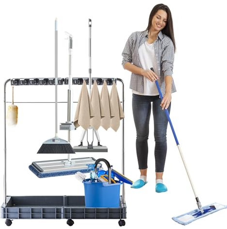 Bsbkoj Reinigen von Wagen mit Rädern, Besen und Mopphalter,Boden stehend Mop Rack | Multifunktionale Haushaltsstation Aufbewahrungswerkzeuge für Schulenkrankenhäuser
