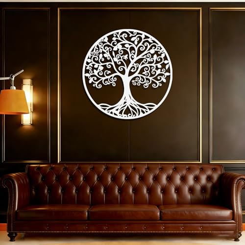 Metal Tree of Life Wall Art, Outdoor Large Tree Metal Wall Decor | White Metal Wall Art, 35.4x35.4 Inch, Tree of Life Art Family Tree Nature Decoration for Bedroom Nursery Office Home Garden
