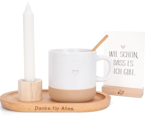 KKSJK Schönes Geschenk Set, Dankeschön Geschenke, Danke für Alles Geschenk, inkl. Tablett mit Gravur, Tasse, Löffel, Kerze, Kerzenhalter, Kartenhalter und Danke Karte - Wie schön, dass es dich gibt.