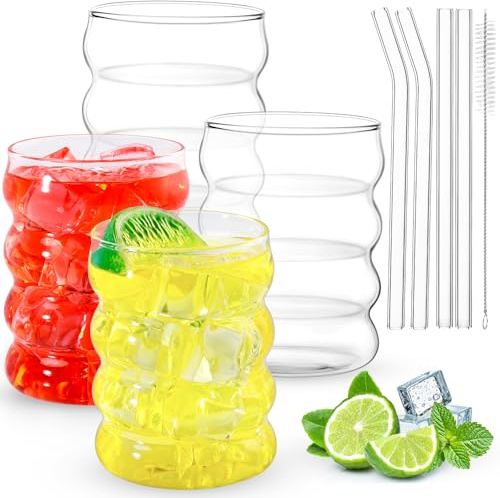 Jeffbaubl 4 Stück Gerippte Trinkgläser, 350ml, Wellenförmige | Mit Glasstrohhalmen, Eiskaffee Gläser mit Strohhalm, Bürsten, Cocktailgläser for Milch Wasser Soda Trink Saft