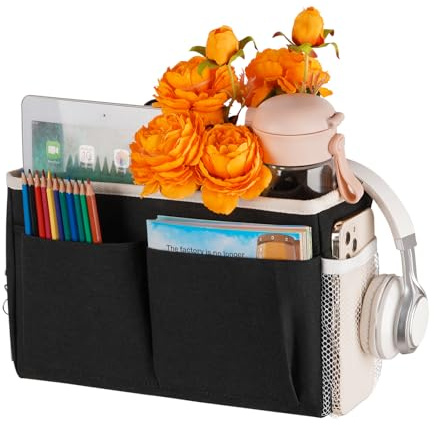 Retyion Bedside Caddy Bedside Hanging Storage Basket Bed Caddy for Headboards Bunk Dorm Rooms Crib Beds Rails Organizer (Black)