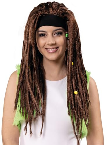 Hippie Perücke 90er Jahre Dreadlocks Lange Haare 66 cm Braun für Erwachsene Kostüm-zubehör Fasching Karneval