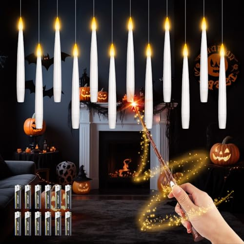 FlyQintess 12 Pezzi Candele galleggianti, Candele Senza Fiamma Sospese con Telecomando a Bacchetta Magica, LED Candele alimentate a batteria per Halloween Natale Decorazioni Casa Chiesa (12 pc)