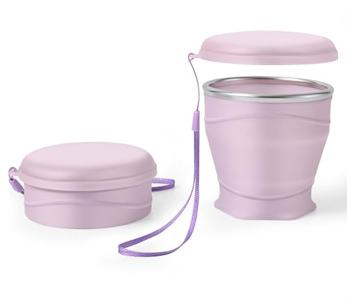 Bidponds 260ml Faltbarer Silikonbecher mit Deckel, BPA-frei, 304 Edelstahlrand, tragbarer Becher für Reisen, Camping, Wandern, Outdoor-Sportarten (Hellviolett)