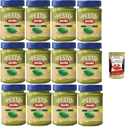 Italian Gourmet Pesto Vegan Basilikum cremig ohne Käse Vorrat 12 x 195g | Con basilico italiano, V-Label, pflanzlich, pratico per dispensa e cucina, Gesamtnettogewicht 2,34 kg + Kostenlos Polpa 400g