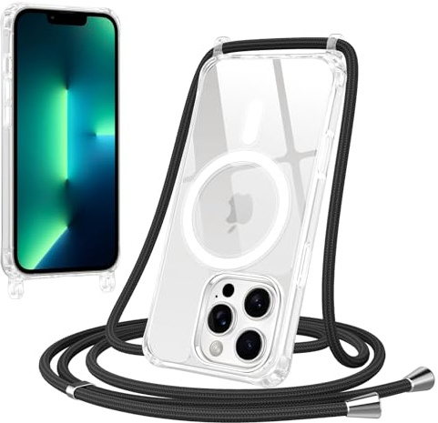 Jrkvniv Magnética Funda con Cuerda para iPhone 13 Pro Carcasa, Compatible con MagSafe, Transparente Delgada TPU Silicona Anti-Choque Antiarañazos Protector Case con Ajustable Correa Colgante, Negro
