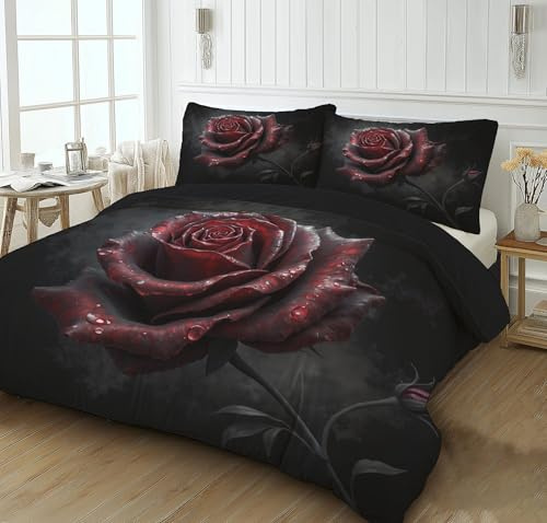 CEDNXOER Bettwäsche 135x200cm 2 Teilig Gothic Rose Muster Wende Bettwäsche Set, Dunkel Blumigmuster Schwarz Microfaser Bettbezug mit Reißverschluss + 1 Kissenbezug 80x80 cm