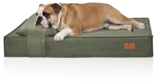 Knuffelwuff orthopädisches Hundebett Soleya 135x90cm Khaki | Cord Hundebett mit Kopfkissen | Memory Foam Matratze | gelenkschonend & formstabil | Bezug waschbar 30 °C | für kleine bis große Hunde
