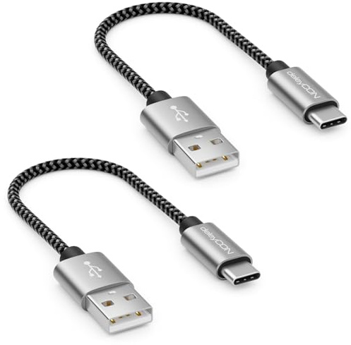 deleyCON USB-C Kabel Set 0,15m Nylon Ladekabel Datenkabel, 2 Stück | Kurzes 15cm, USB Typ C, Metallstecker, Laden & Synchronisieren von Handy & Smartphone
