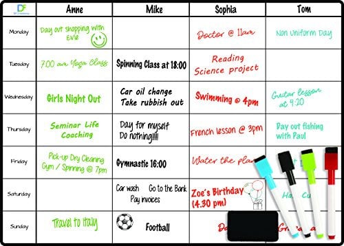 Meal Planner Whiteboard by DF Creations - Magnetic Weekly White Board for Fridge - Calendar for Menu Plan - Board Task - Kids Activities - Study - Family Schedules 4 Dry Erase Markers and Large Eraser