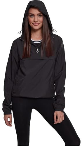 URBAN CLASSICS Veste Coupe-Vent de Mi-Saison pour Femme, Poche Kangourou, Poignets Élastiques, Capuche et Taille à Cordons, Col Zippé, 100% Polyester, Black, Taille 4XL