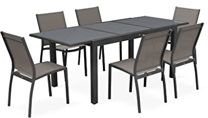 sweeek Alice's Garden - Table de Jardin Extensible Aluminium + 6 assises - Orlando Gris Taupe - Table en Aluminium 150/210cm. Plateau de Verre. rallonge et 6 chaises en textilène