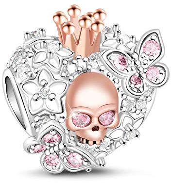 GNOCE 925 Sterling Silber Schädel Königin Charm mit Rosa CZ Steine von Schmetterlings,Schönheit des Todes'' Damen Charm passt für alle Armbänder und Halsketten
