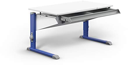 Moll Bandit Kinderschreibtisch höhenverstellbar | mitwachsend, ergonomisch & neigbar für aufrechtes Sitzen | ideal für Schulkinder | Schreibtisch weiß (mit Schublade, Blau, 117,2cm x 70,5cm)