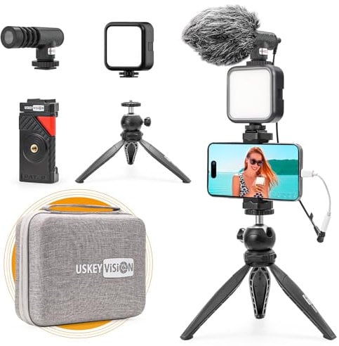 USKEYVISION Smartphone Vlogging Kit Video Kit for iPhone 15/14/13 Mini/Pro/Max, Android Smartphone w/Microphone Light Auto-switch Phone Clip Combo for YouTube Tiktok Live Steam (Vlog K2)