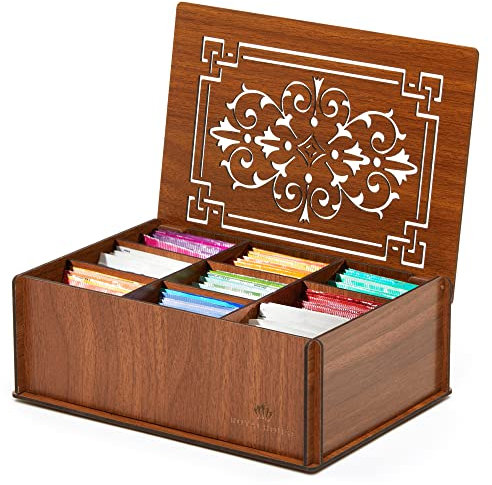 RoyalHouse Premium Wood (Hard MDF) Tee-Aufbewahrungsbox Organizer (Braun), umweltfreundliche multifunktionale dekorative Box, 9 Fächer für verschiedene Teebeutel und kleine Gegenstände
