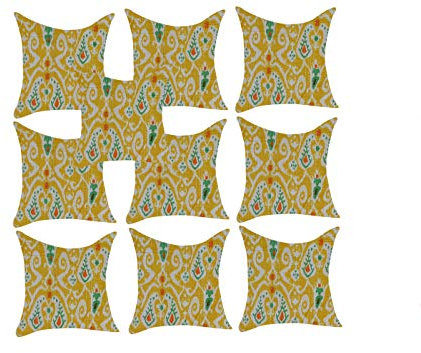 Sophia-Art Baumwolle Bohemian Home Indische dekorative Boho Quadratische Bunte Wurfhülle Design Ikat Sofa Ethno Kissen Dekorative Kissenbezüge (Gold Gelb, 10 Stück Set (40,6 x 40,6 cm)
