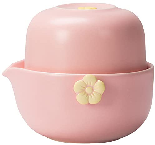 HEER Chinese Gaiwan Tea Set with Teapot and cup for One Women Adults, Small Ceramic Porcelain Gongfu Teacup for Home Office, Japanese Style Traditional Plum Blossom Portable Travel Tea Pot. (Pink)