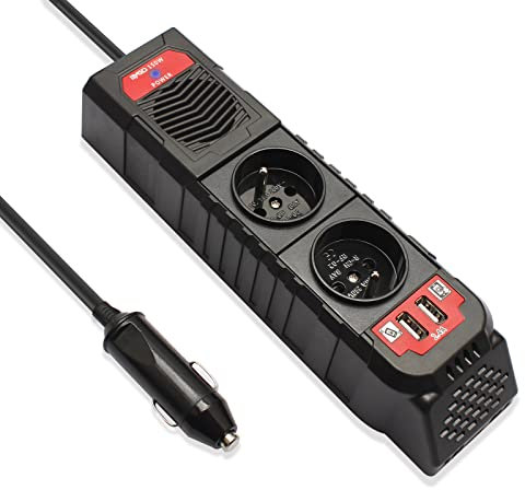 BYGD Convertisseur 12v 150W, Prise Allume Cigare Transformateur de Tension avec 2 Ports USB et 2 Prises EU, Allume Cigare USB Prise Electrique pour Auto, Phone, Tablette, Ordinateur, Camping, (E8963)