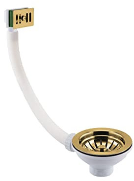 Taps2Traps® Polished Gold Finish Kitchen Sink Basket Strainer Waste Square/Rectangular Overflow + Metal Grid