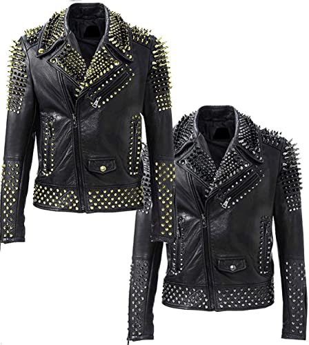 Brando Herren-Motorradjacke, Punk-Rock-Spike-Goldnieten, Biker-Lederjacke, Punk-Rock-Jacke, Punk-Rock-Jacke, für Herren, Schwarze Jacke mit goldenen Nieten