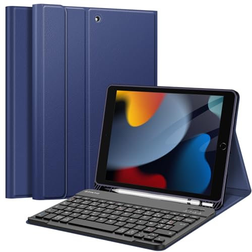 FINTIE Clavier pour iPad 9ème Génération 2021/iPad 8 2020/iPad 7 2019 10.2 Pouces - Clavier AZERTY sans Fil Bluetooth, Coque Arrière Souple Housse avec Rangement de Stylet, Bleu Marine
