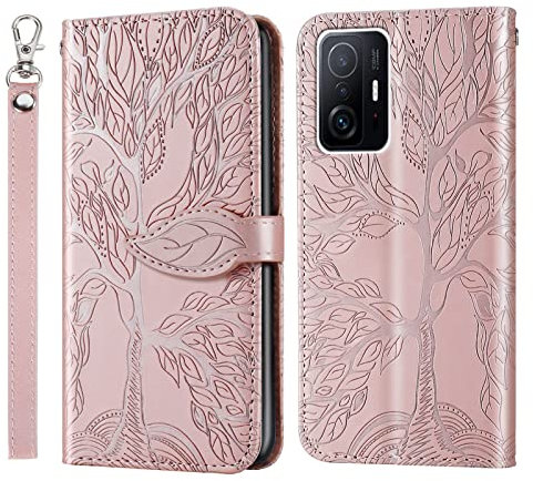 Vkooer Klapphülle für Xiaomi 11T Pro/ 11T Hülle Premium PU Leder Schutzhülle Flip Brieftasche Case Cover mit Tasche Magnetschnalle Handyhülle für Xiaomi 11T Pro/ 11T, Lebensbaum Roségold