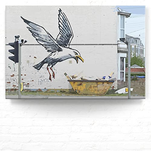 Banksy XXL Leinwand-Bild, Möve als Wandbild, 120x80cm cm groß, Street Art Banksy-Style als moderner Kunstdruck zur Wanddekoration. Banksy Wandbilder für Wohnzimmer, Büro