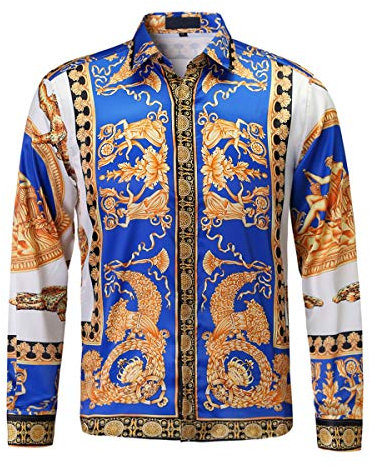 GSBOGOSSE Mens Luxury Brand Printed Silk Like Satin Button Down Dress Shirt for Party Prom Long Sleeve Slim Fit Floral Nightclub Shirt, Multicolored13, 3XL