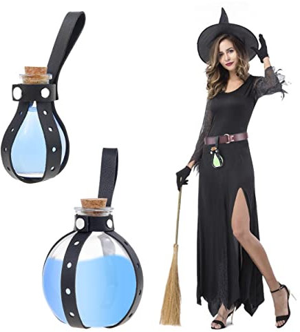 Eco-Fused 2 x Cosplay-Trankflasche (groß/klein) – durchsichtiges kugelförmiges Cosplay-, Zauberer-, Hexenkostüm-Zubehör – inklusive Korkstopfen, schwarzem Kunstleder-Ärmelhalter, Gürtelschlaufe