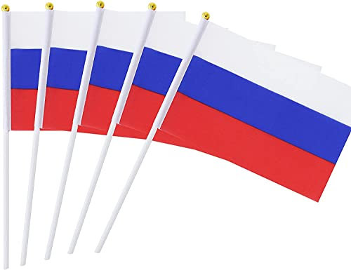 Drapeau Russie, 25Pcs Petit Drapeau Russe à Main avec Mât Blanc pour Défilés, Événements Patriotiques, 14 * 21CM