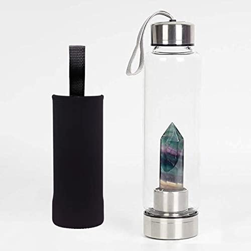 Healing Crystal Water Bottle 550Ml Glass Gemstone Drink Bottle Portable Quartz Gem Stones Bottle Obsidian Water Bottle Removable Natural Crystal (Color : Colorful Fluorite, Size : With Cup Cover)