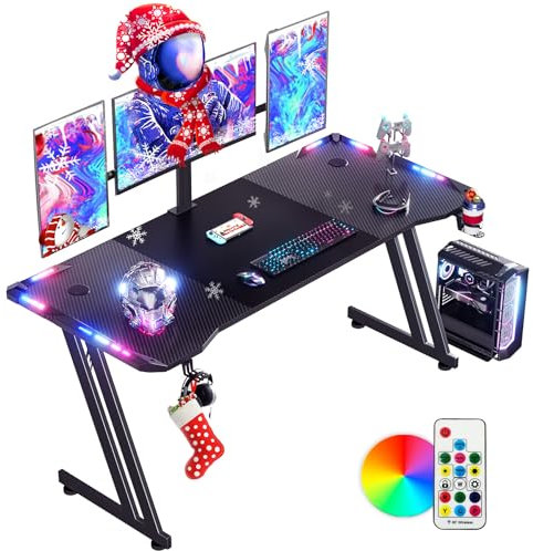 DLONGONE 160 x 60cm RGB Gaming Desk, Gaming Table for Laptop, Home Office Desk with Carbon Fiber Coated, Gaming PC Desk with Headphone Hook and Cup Holder, Easy to Assemble, Black
