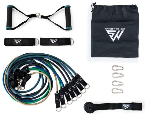 SmartWorkout Pro - Kit d'élastique de Musculation - 7 Bandes de résistance totalisant 120 kg, poignées, Sangles de Cheville et ancrage de Porte