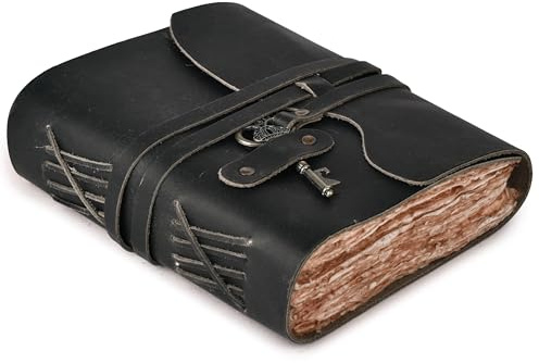 LEATHER VILLAGE Vintage Leather Journal – 200 Handmade Vintage Deckle Edge Paper – Leather bound Journal For Women Men – Key Closure - Book of Shadows - Black - 6X4 inches (A6) | Handmade Deckle Edge paper, 200 Blank Pages , Grimoire, Book Of Shadows, Sketchbook, Scrapbook, Leather Journal , Black 6x4