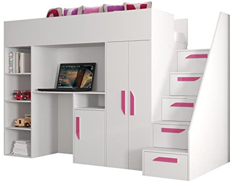 MEBLE KRYSPOL Party 14 Hochbett für Kinder, Jugendliche mit Stauraum - Etagenbett mit Schreibtisch, Kleiderschrank, Bücherregal und Trittleitern - 247x120x165 cm - Weiß, Weiß, Rosa