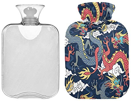 Wärmflasche mit chinesischen Drachen, Wolken, 2 l, Tier, bunt, Winter, Wärmflasche, weicher Plüschbezug, Handfüße, Wärmer für Kinder, Männer, Frauen