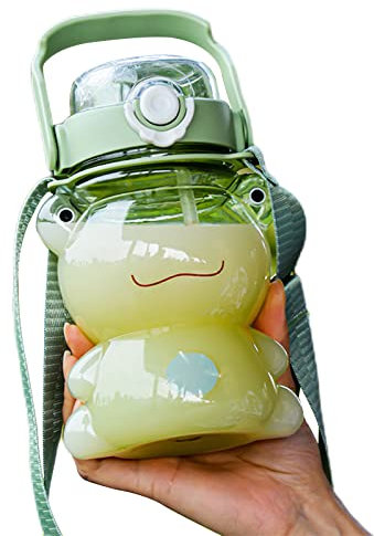 Cute Frog Water Bottle with Straw and Strap, Large Cute Kawaii Water Bottle Frogs Leakproof Reusable Clear Sports Water Bottles for Kids School Boys Girls