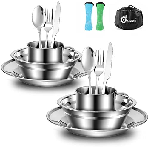 Odoland Campingbesteck Set Outdoor Reisebesteck aus Edelstahl für 2 Personen Klappbesteck mit Teller Tasse Outdoor Kochgeschirr Reisen Wandern Camping
