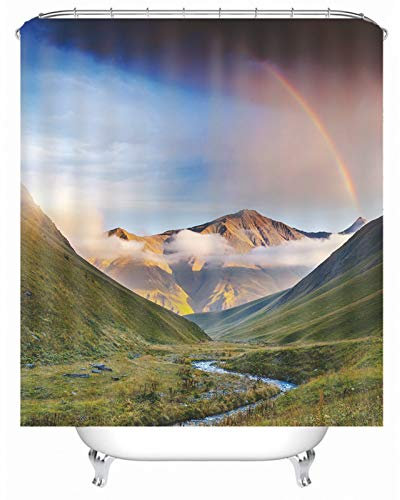 EHOMERY Duschvorhang Rundbogen Duschrollo Befestigung Prairie-Gebirgsregenbogen Polyester Grün Rostfreie Ösen Und 12 Hakenringe, 180X200Cm