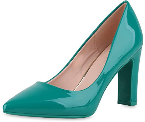 VAN HILL Damen Spitze Pumps Blockabsatz High Heels Party Schuhe Elegante Abendschuhe Lack Absatzschuhe 211158 Grün Lack 37