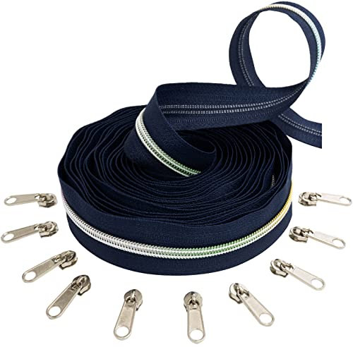 Aerzetix - C62475x5-C62791x10 - Kit di Cerniera Lampo Spirale 5m N°5 Colore: Blu Scuro/Arcobaleno - 10 cursori N°5 Non bloccabile Colore: Argento Arrotondato - in Nylon/Metallo - merceria
