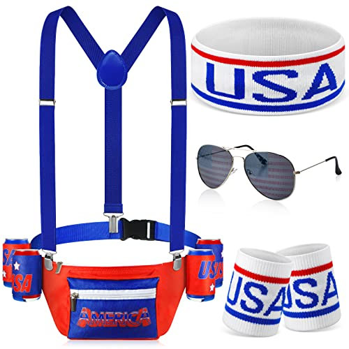 Lot de 9 sacs banane patriotiques pour boissons et bières avec porte-gobelet, Principalement arc-en-ciel, Patriotique