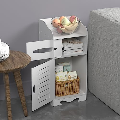 Waterproof Bathroom Cabinet, White Slim Floor Standing Storage Cabinet Home Storage Furniture Organizer Shelf, Modern Cupboard Storage Unit, for Toilet Bedroom Kitchen Living Room, 25.5 x 25.5 x 60cm