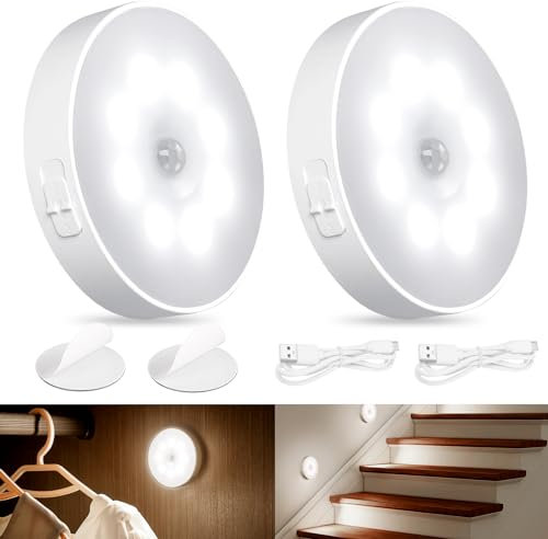 AiQInu 2 Pezzi Luce Notturna Sensore Movimento, 3 Modalità Luce Notturna Interna(Auto/On/Off), Adesiva Lampada Armadio Led Ricaricabile Per Scale,Corridoio,Garage,Camere