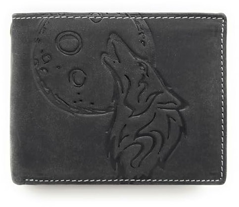 Lemasi echt Leder Geldbörse Portemonnaie Heulender Wolf Mond mit RFID Schutz (Wolf schwarz quer)