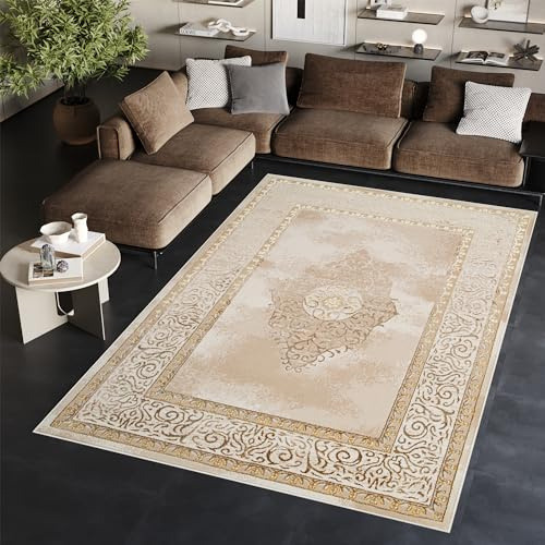 TAPISO Ares Teppich Kurzflor Glänzend Creme Braun Ornament 80 x 150 cm | Bordüre Barock Klassisch 3D Effekt Wohnzimmer Schlafzimmer OEKO-TEX
