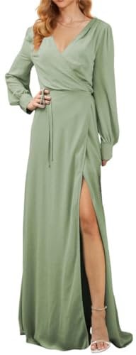 WSEYU A-Line Bridesmaid Dreszses for Wedding with Long Sleeves V Neck Formal Party Gowns Evening Dress Sage Green UK14